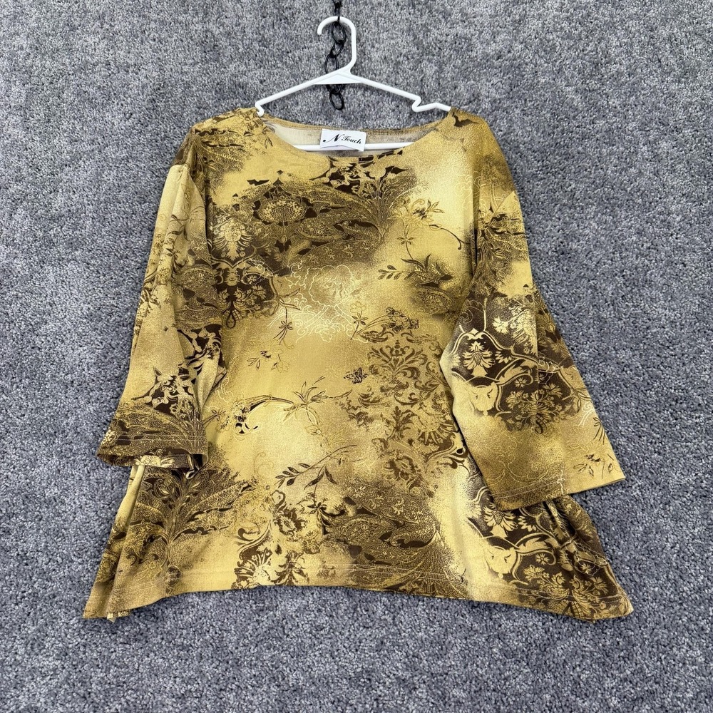 N Touch Blouse Womens 3X Gold Floral 3/4 Bell Sleeve Tunic Top Casual